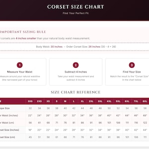 May include: A corset size chart with a burgundy header and white background. The chart includes instructions on how to measure your waist and find your corset size. Measurements are provided in inches and centimeters.