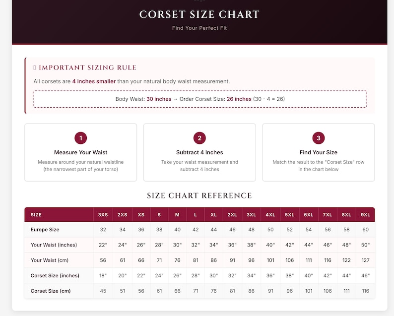 May include: A corset size chart with a burgundy header and white background. The chart includes instructions on how to measure your waist and find your corset size. Measurements are provided in inches and centimeters.