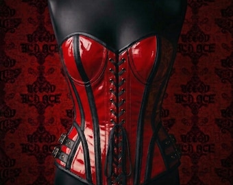 Top a corsetto sopra il seno in pelle verniciata rossa: bustier gotico da vampiro steampunk (taglie personalizzate)