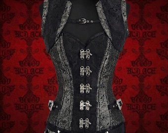 Corsetto gotico in acciaio, bustier in broccato vittoriano, corsetto steampunk