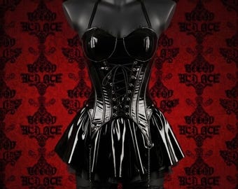 Black PVC Corset Mini Dress, Steel Boned Halter Goth Skirt Set, Punk Alt Fashion