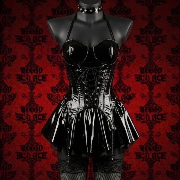 Black PVC Corset Mini Dress, Steel Boned Halter Goth Skirt Set, Punk Alt Fashion