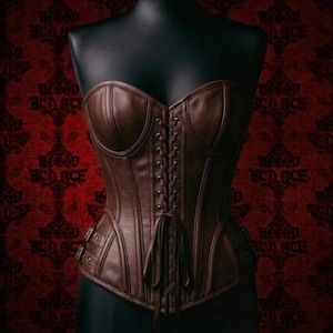Brown Faux Leather Overbust Corset, Steampunk Victorian Bustier, Gothic Lace-Up Waist Cincher