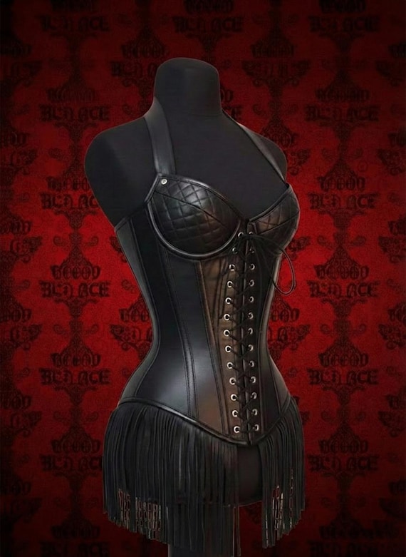 Black Leather Corset, Gothic Lace Up Bustier, Hourglass Waist Trainer, Fringe Hem Top