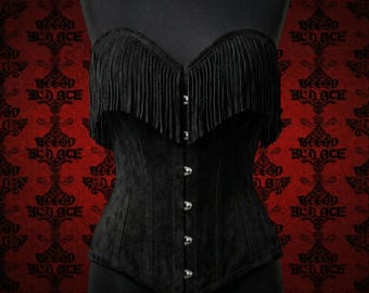 Corsetto in camoscio nero con frange, bustier overbust gotico boho, corsetto da festival western