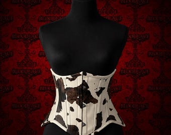 Cow Print Leather Underbust Corset: Western Waist Cincher, Steel Busk Closure