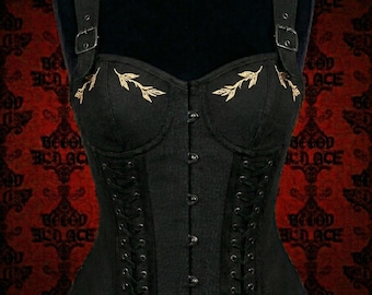 Top corsetto nero ricamato, bustier gotico overbust, fascia in vita stile dark academia