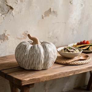 May include: A white ceramic pumpkin with a textured, ribbed surface and a light brown stem. The pumpkin is positioned on a wooden surface next to a bowl of mushroom risotto and a wooden spoon resting on a woven placemat.