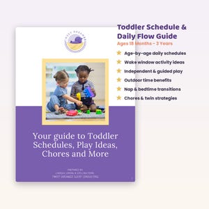 Puede incluir: Una guía digital titulada Toddler Schedule & Daily Flow Guide para niños de 18 meses a 3 años. Incluye una foto de dos niños jugando con bloques coloridos, una lista de temas sobre rutinas y actividades, y la marca de Tweet Dreamzz.
