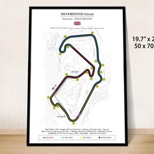 May include: A framed Silverstone Circuit map, Great Britain, with dimensions of 19.7 x 27.5 inches. The map features the track layout with labeled turns, pit entry and exit points, and sector markings. The text "INSANELY FAST" is also visible.