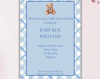 Teddy Bear Baby Shower Invitation Template | Blue Plaid Boy Shower Invite | Editable Canva | Instant Download Digital
