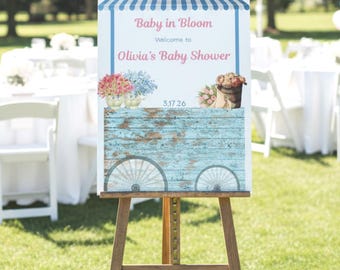 Flower Cart Baby Shower Welcome Sign | Editable Baby in Bloom Decor (Digital Download)