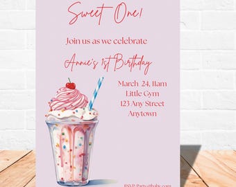 Sweet One Birthday Invitation Template | Ice Cream First Birthday Girl | Pink 1st Birthday Invite | Editable Canva | Instant Download