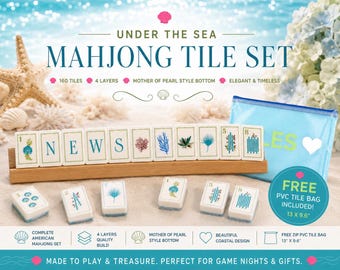 Jeu de Mahjong américain « Sous la mer » | Tuiles de Mahjong style nacre | Jeu de Mahjong côtier | Cadeau Mahjong avec sac à tuiles offert