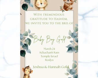Safari Bris Invitation Template | Animated Baby Boy Brit Milah Evite | Jungle Animals | Editable Canva | Instant Download