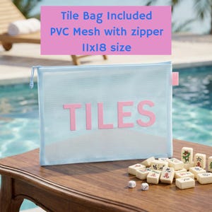 Pu&ograve; includere: Una borsa in rete di PVC azzurro con cerniera e la parola TILES stampata in lettere rosa sul davanti. La borsa misura 11 cm per 18 cm. Una collezione di piccole tessere di gioco rettangolari e due dadi bianchi sono disposti vicino.