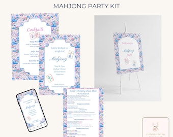 Lot de chinoiseries mahjong nuit | Set complet pour hôtesse | Aide-mémoire de signe de cocktail d'invitation | Toile modifiable