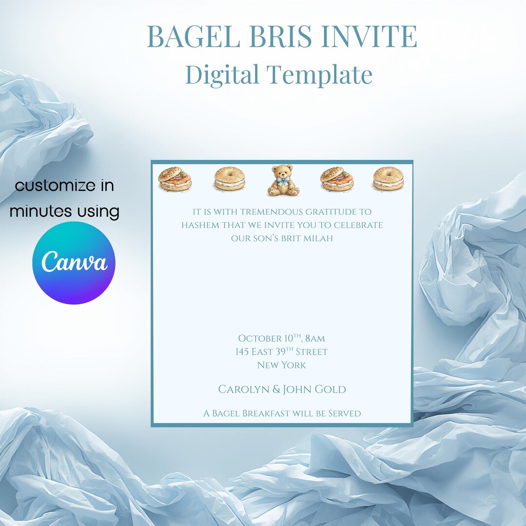 Bagel Bris Invitation Template | Blue Baby Boy Canva Invite (digital ...