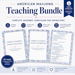 May include: A digital American Mahjong teaching bundle featuring an instructor guide, student workbook, and cheat sheet. The documents have a white background with a blue and pink floral border. Text includes American Mahjong Teaching Bundle.