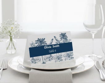 Blue Toile Place Cards Template | Parisian Chic Escort Cards | Baby Shower | Editable Canva | Instant Download