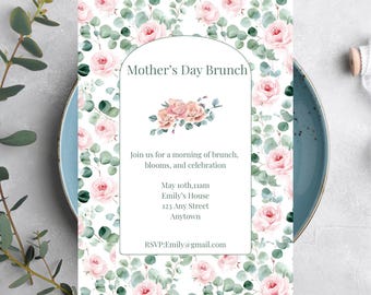 Floral Rose Mothers Day Brunch Invitation | Digital & Printable Invite | Editable Canva Template | Instant Download