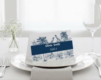 Blue Toile Place Cards Template | Chinoiserie French Toile Escort Cards | Bridal Baby Shower | Editable Canva | Instant Download