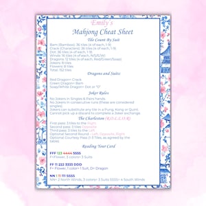 Mahjong Cheat Sheet Printable | Personalized Mahjong Night Party Favor | Chinoiserie Player Reference | Editable Canva|Instant Download