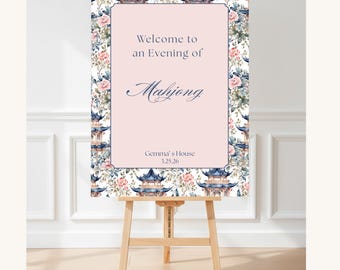 Aquarelle pagode Mahjong Night Panneau de bienvenue | Chinoiseries imprimables | 16x20 et 18x24 | Modèle de toile modifiable