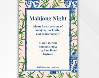 Modèle d'invitation de nuit de mahjong chinoiserie | Invitation soirée mahjong entre filles | Soirée Mahjongg | Toile modifiable | Téléchargement instantané