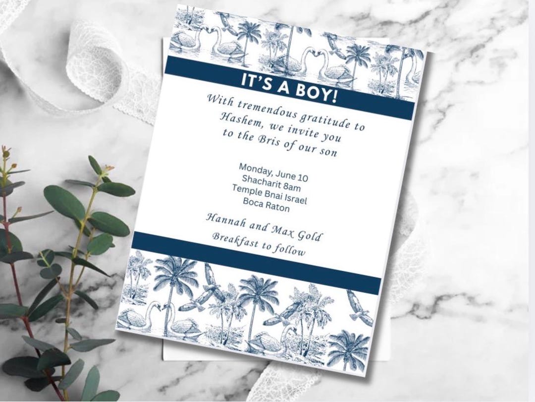 Bris Invitation Template | Blue Toile Tropical Palm Brit Milah Invite ...