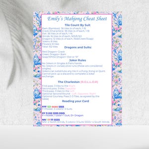 May include: A printed Mahjong cheat sheet titled "Emily's Mahjong Cheat Sheet" with tile counts, rules, and card reading instructions. The sheet has a floral border with blue and white accents. The text is in black font.