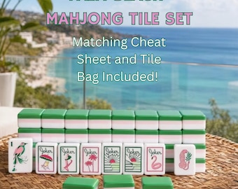 Palm Royale Mahjong Tile Set with Tile Bag and Cheat Sheet  | Pink & Green Tropical Mahjong Tiles | Luxury Mahjong Set