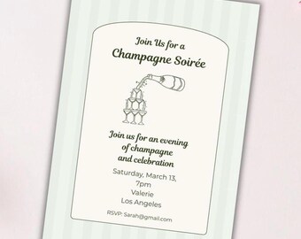 Champagne Tower Dinner Party Invitation | Green Stripe Illustrated Bubbly Invite | Editable Canva | Instant Download