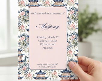 Invitation de nuit de Mahjong de pagode d'aquarelle | Modèle de toile modifiable | Impression numérique et 5 x 7 pouces | RSVP numérique en option