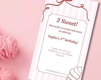 Two Sweet Birthday Invitation Template | Ice Cream 2nd Birthday Girl Invite | Editable Canva | Instant Download Digital