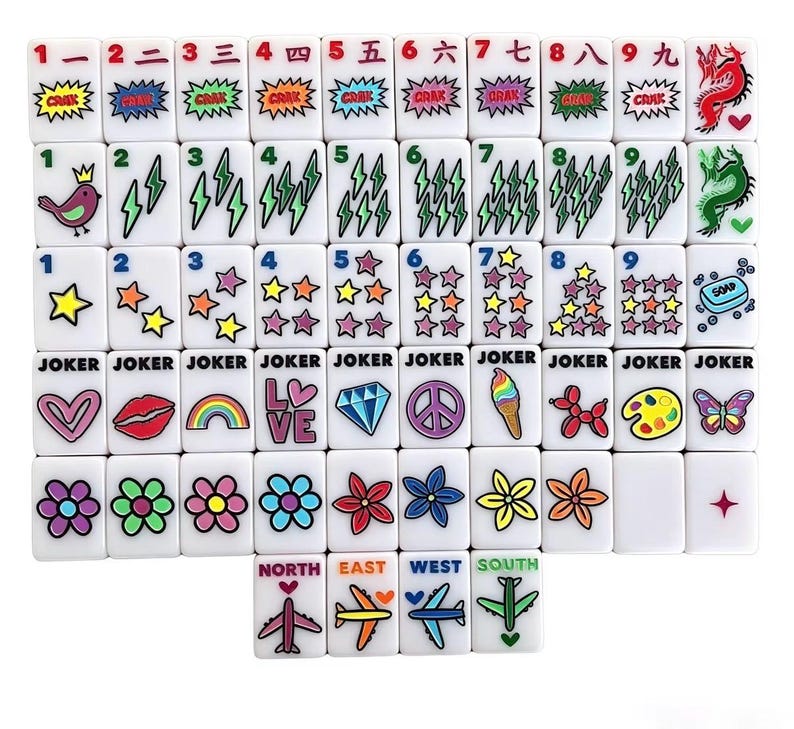 Pu&ograve; includere: Un set di tessere rettangolari bianche da mahjong con illustrazioni grafiche colorate che includono i numeri da uno a nove con caratteri cinesi, fulmini, stelle, cuori, arcobaleni, fiori, aeroplani e la parola JOKER.