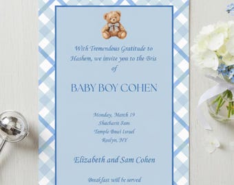 Modèle d'invitation de Bris | Invitation bébé garçon ours en peluche à carreaux bleu | Toile modifiable | Cérémonie juive Bris | Téléchargement instantané