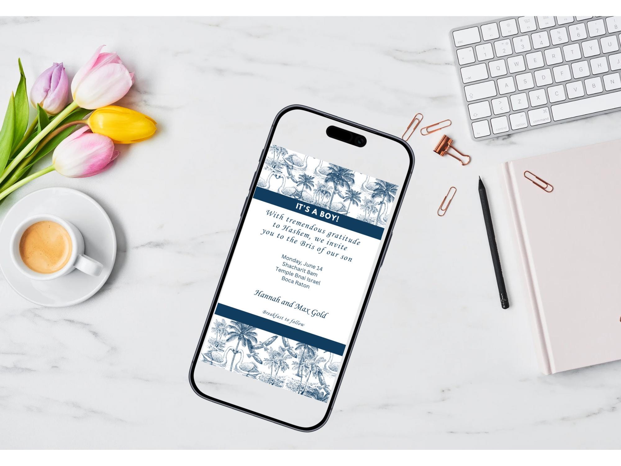 Bris Invitation Template | Blue Toile Tropical Palm Brit Milah Invite ...