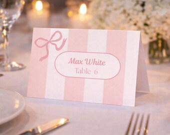 Pink Bow Place Cards Template | Coquette Bridal Shower Baby Shower Tent Cards | Editable Canva | Instant Download