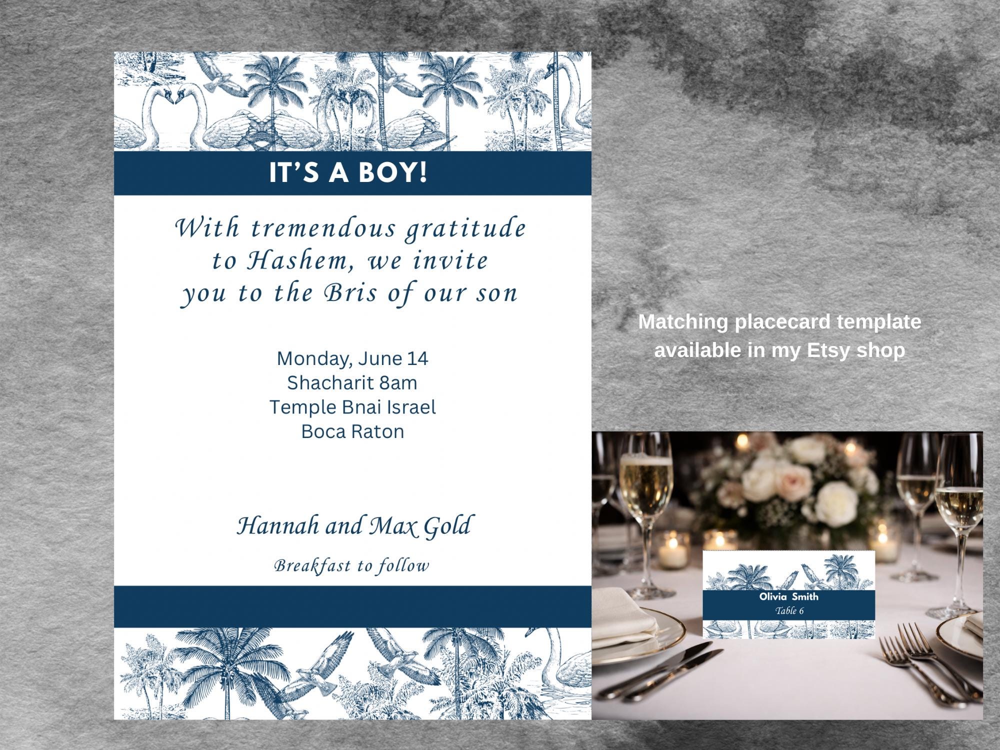 Bris Invitation Template | Blue Toile Tropical Palm Brit Milah Invite ...