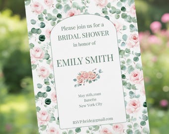 Floral Rose Bridal Shower Invitation Template | Garden Romantic Watercolor Invite | Editable Canva | Instant Download