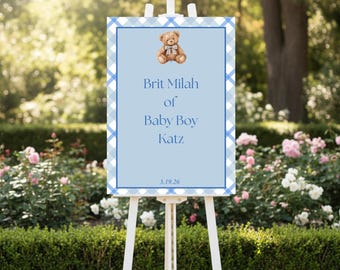Brit Milah Welcome Sign Template | Blue Plaid Teddy Bear Baby Boy Sign | Editable Canva | 16x20 18x24 | Instant Download