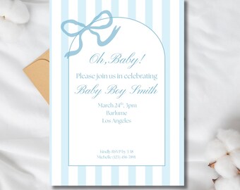 Blue Bow Baby Boy Shower Invitation Template | Stripe Coquette Boy Shower Invite | Editable Canva Evite | Instant Download
