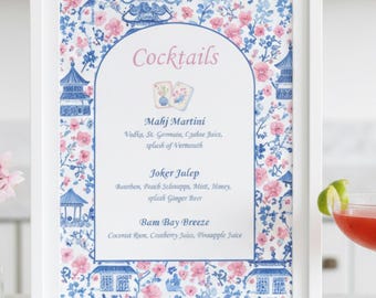 Panneau de menu cocktail Mahjong Night | Menu Bar Chinoiserie Rose Bleu Imprimable | Panneau de fête Mahjong | Toile modifiable | Téléchargement instantané