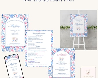 Chinoiserie Mahjong Night Bundle | Complete Hostess Set | Invitation Cocktail Sign Cheat Sheet Welcome Sign | Editable Canva