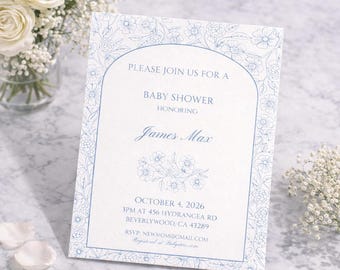 Modèle d'invitation de baby shower bleu toile | Invitation florale d'hortensia de <br> Profitez-en ! Toile modifiable | Téléchargement instantané