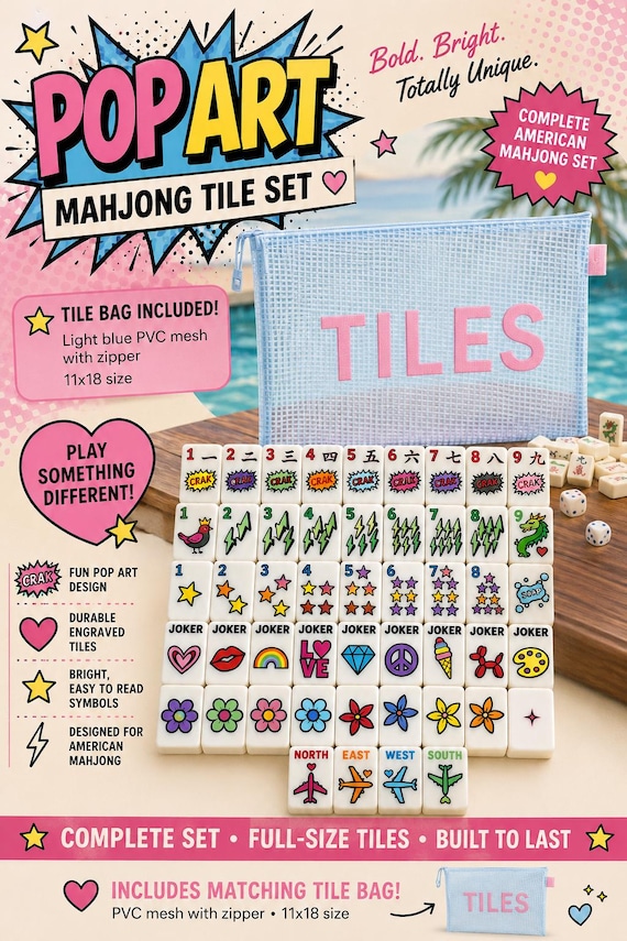Pop Art Mahjong Tile Set | Full Size American Mahjong Set | Modern Colorful Tiles with Tile Bag | Gift for Mahjong Lover
