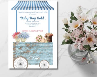 Flower Cart Bris Invitation | Animated Baby Boy Evite | Editable Canva Template | Digital Download | Brit Milah Invite
