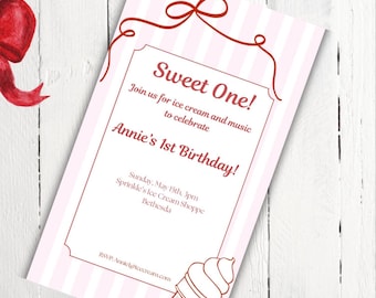 Sweet One Ice Cream First Birthday Invitation Template | Pink 1st Birthday Girl Invite | Ice Cream Party | Editable Canva | Instant Download