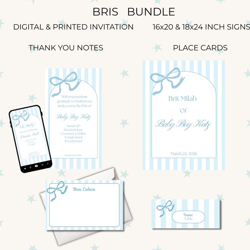 Bris Invitation Template | Blue Bow Stripe Baby Boy Brit Milah Invite ...